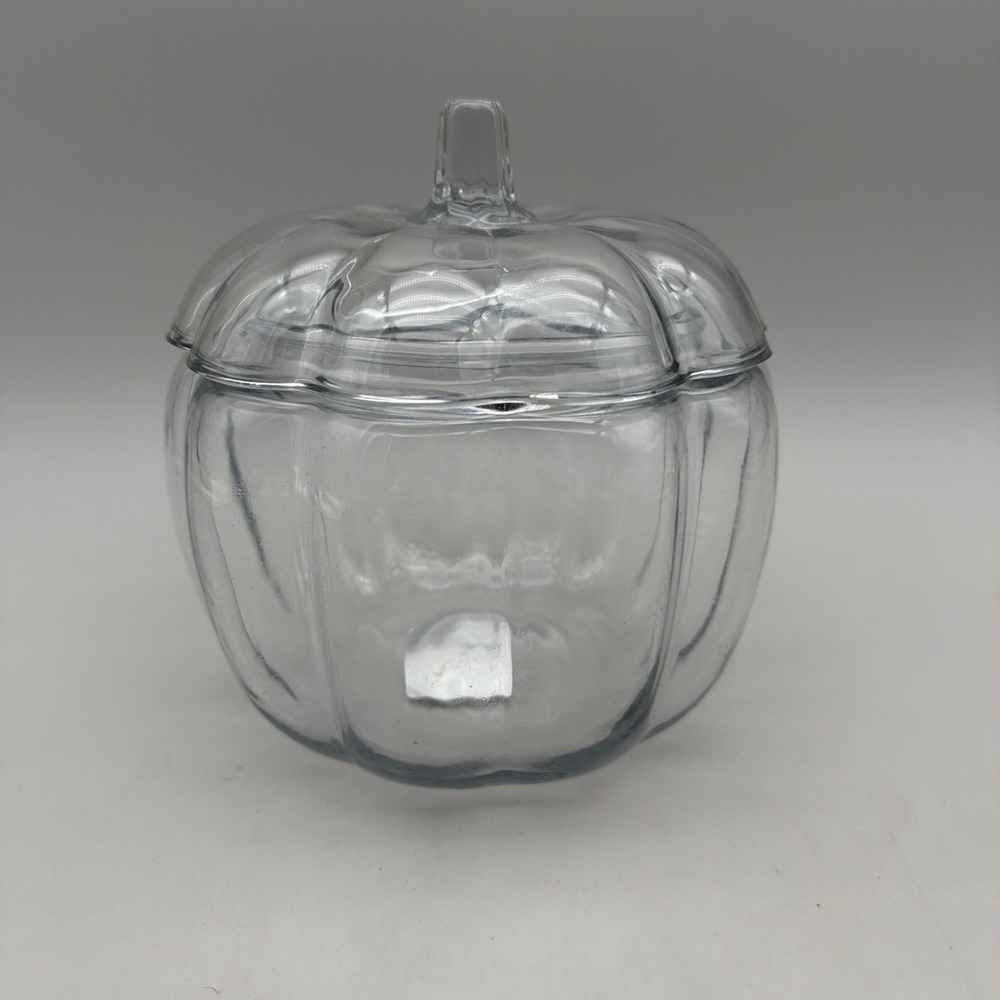 Anchor Hocking 7" Clear Glass Scalloped Edge Pumpkin Shape Candy Jar W/Lid VTG